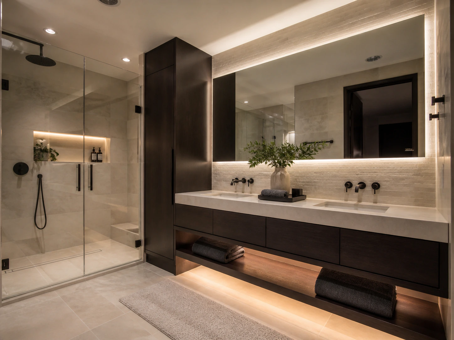 Modern bathroom remodel with dark finishes