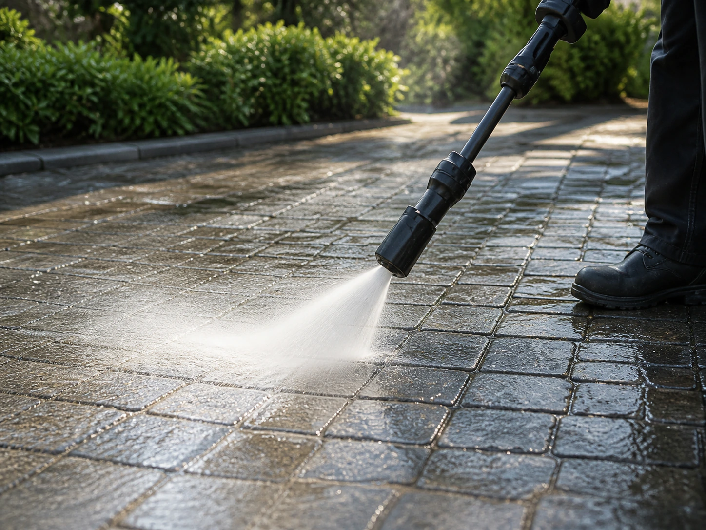 Exterior driveway prepared for pressure cleaning